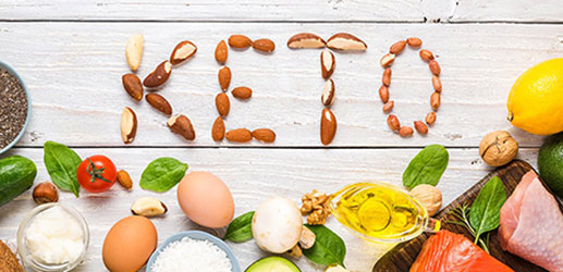 various keto diet foods with nuts spelling the word keto above them on a table